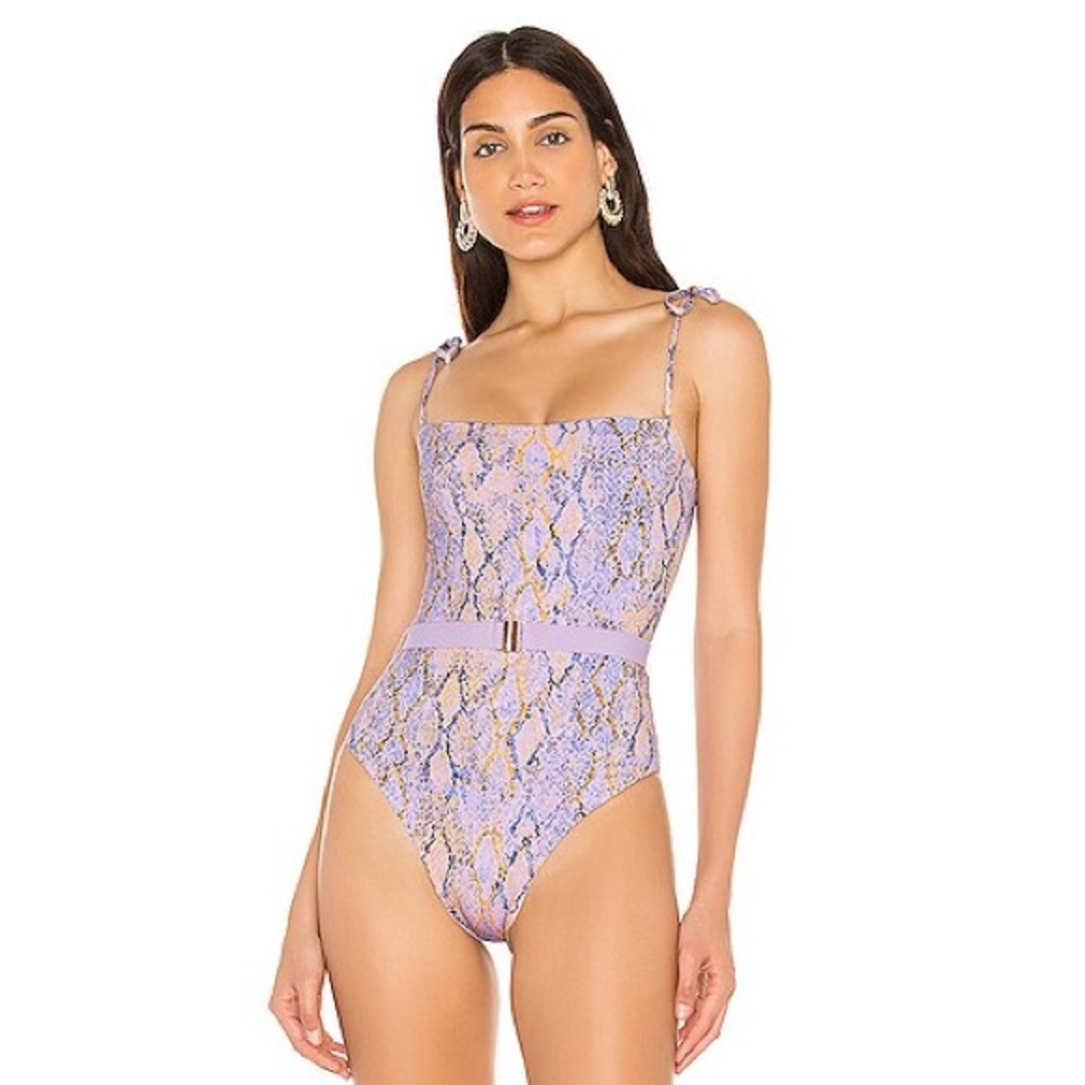 L*SPACE Lockhart Belted One Piece Swimsuit in Purple Snakeskin Pattern